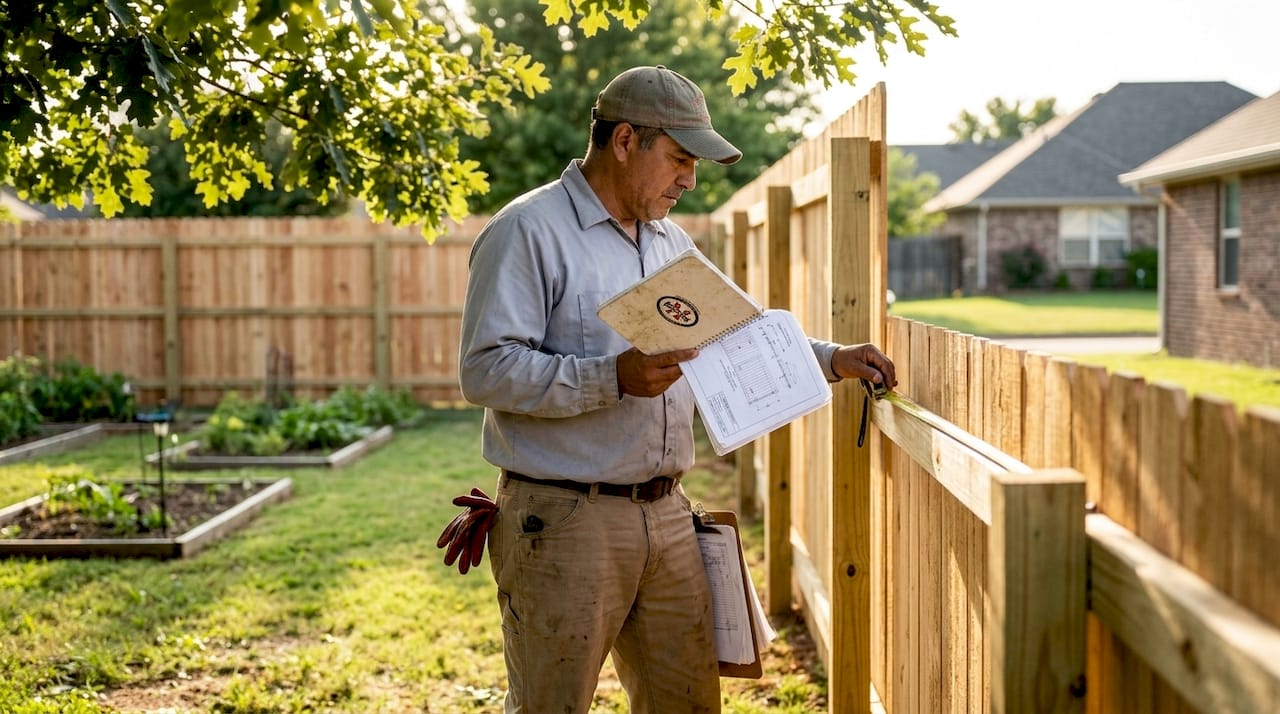 Fencing contractor reviewing installation plans outdoors