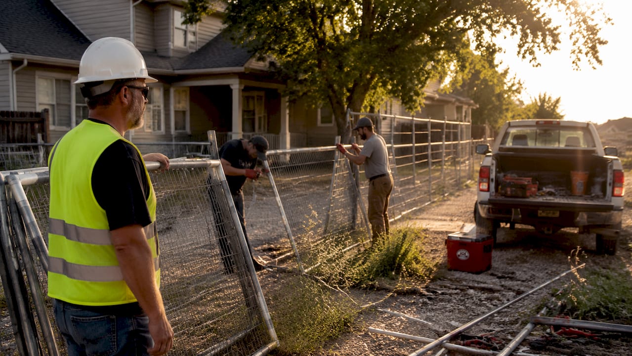 Man inspecting outdoor temporary fencing panels