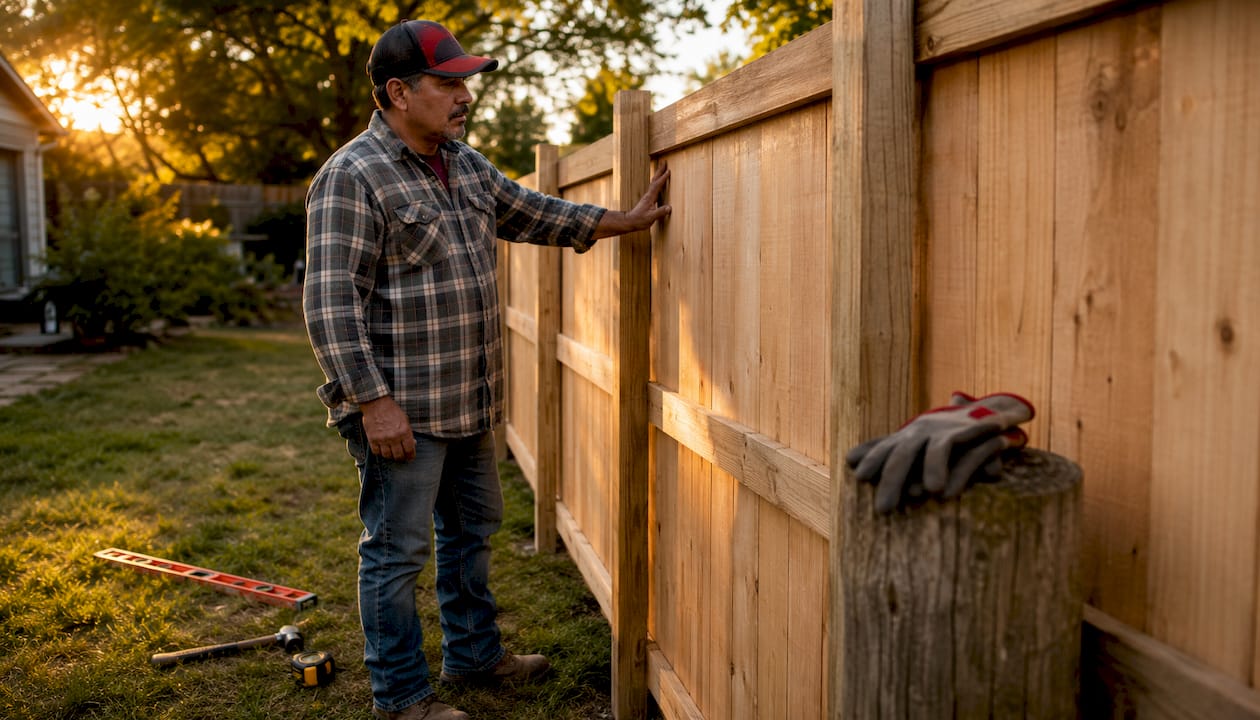Man inspecting cedar fence installation outdoors