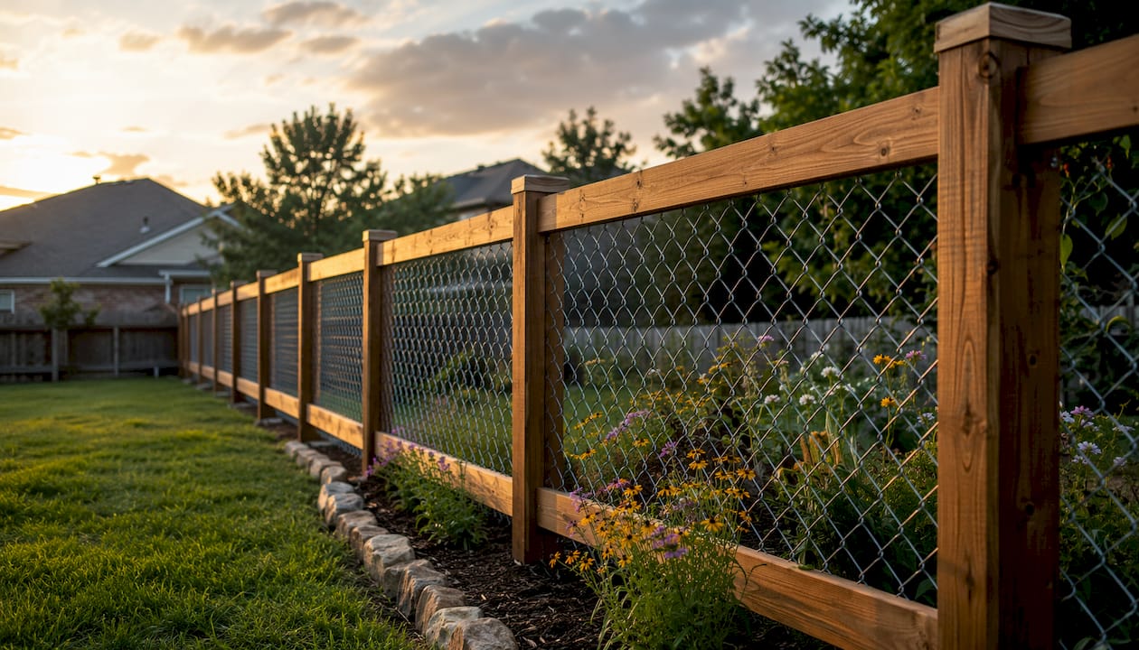 Combination wood and chain link fence outdoors