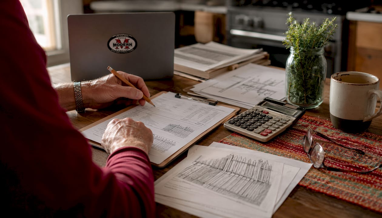 Overhead view of hands reviewing fence repair pricing documents