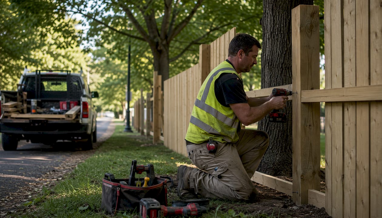 Fence installer working outdoors on wooden fence