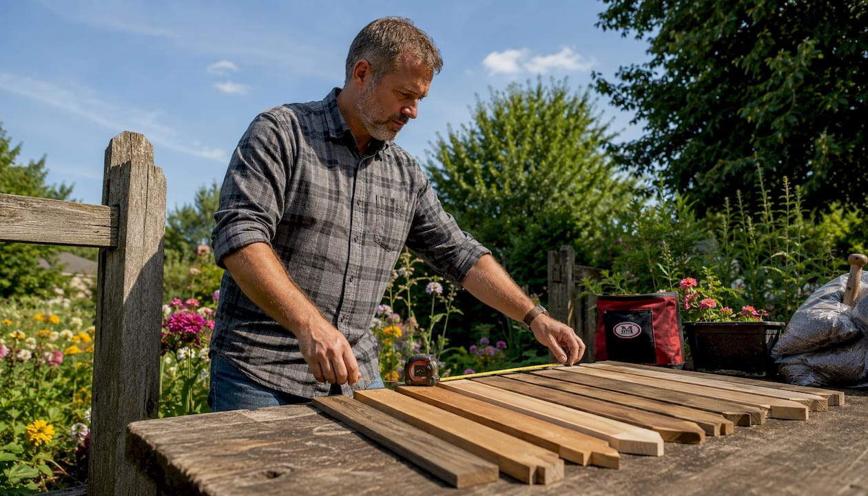 Man examining wood fence style samples outdoors