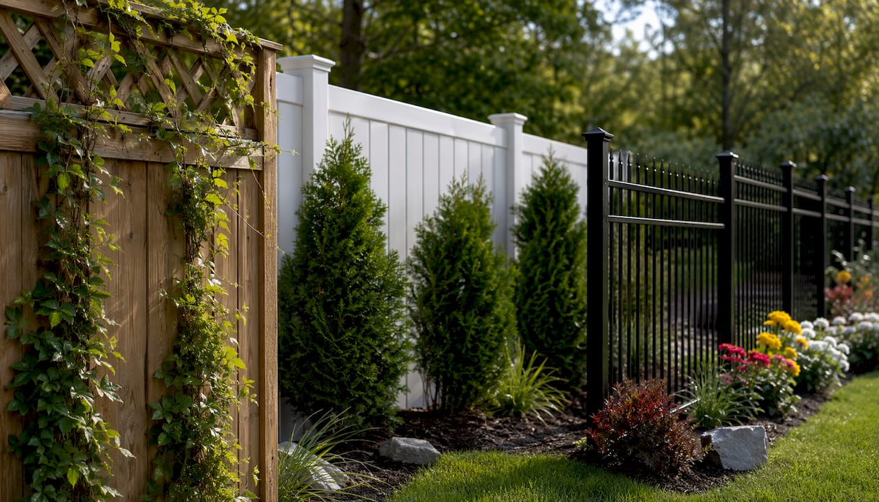 Various fence materials with matching garden plants