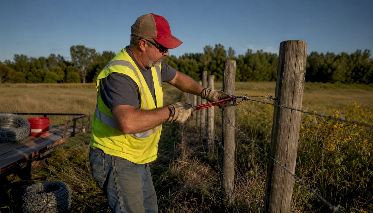 Person installing barbed wire on fence outdoors