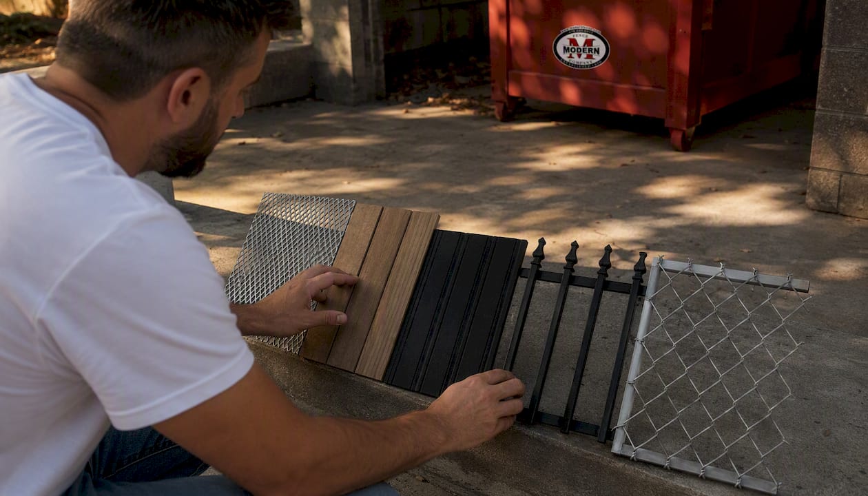 Hands comparing different dumpster fence materials