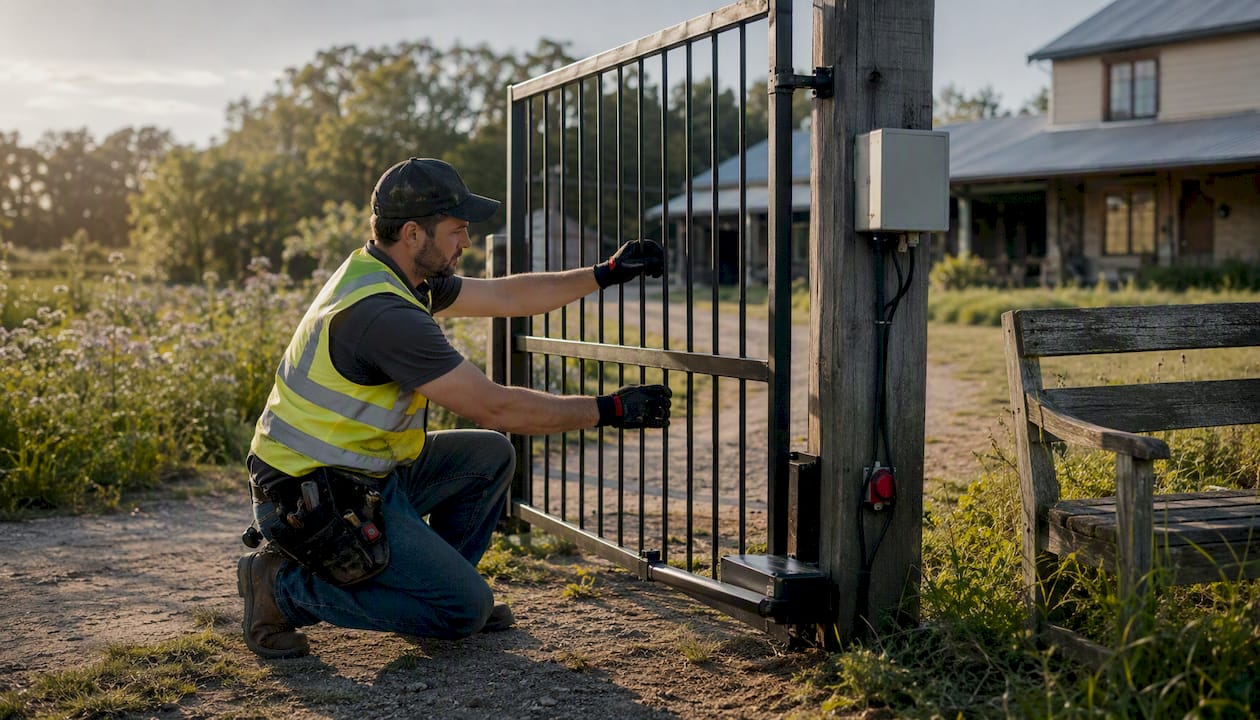 Technician inspecting residential automatic gate