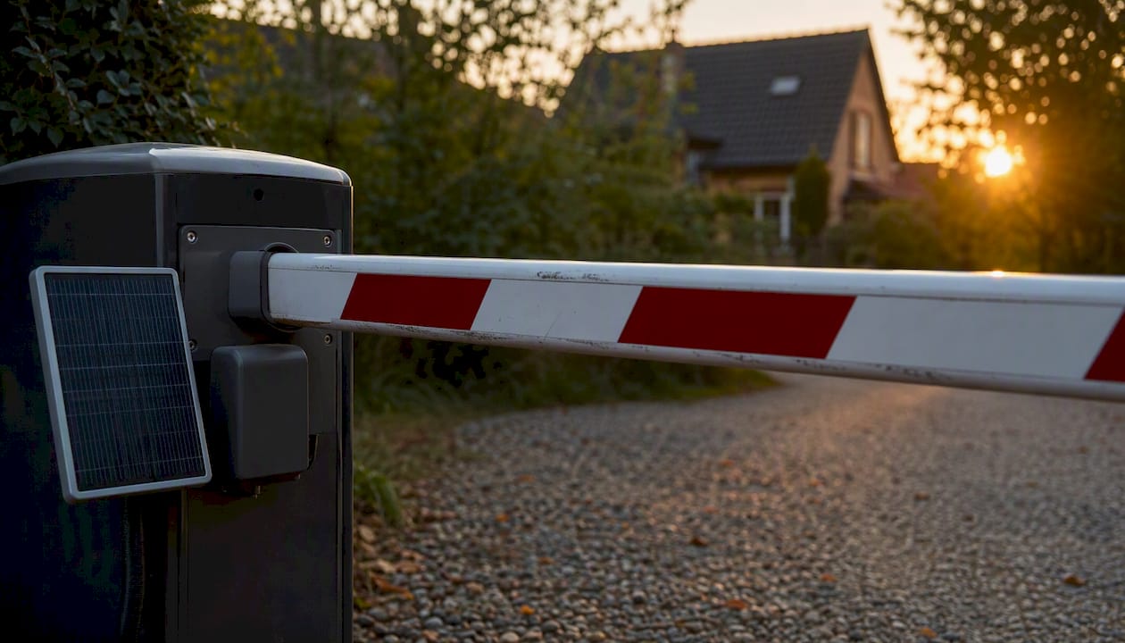 Barrier arm gate lowered across driveway