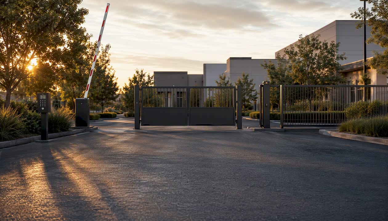 Commercial parking lot entrance with multiple gate types