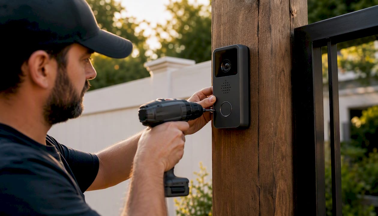 Hands installing video gate intercom panel