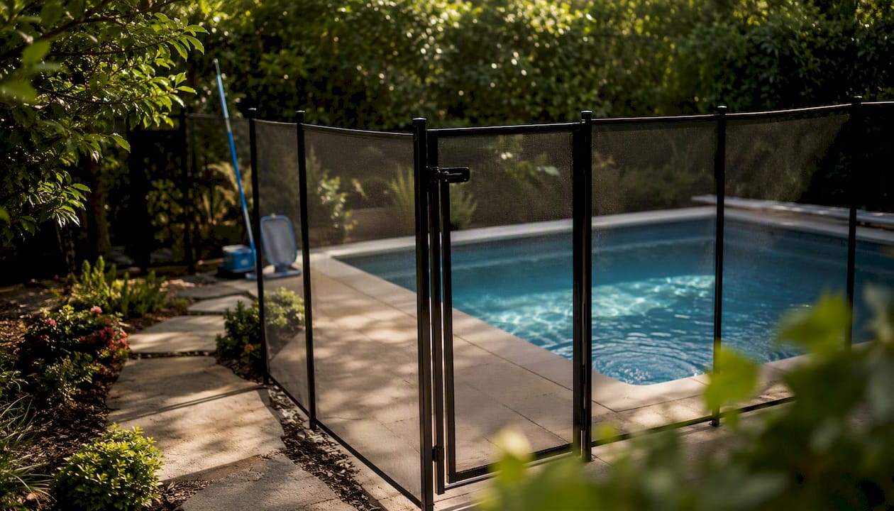 Residential pool safety fence and gate outdoors