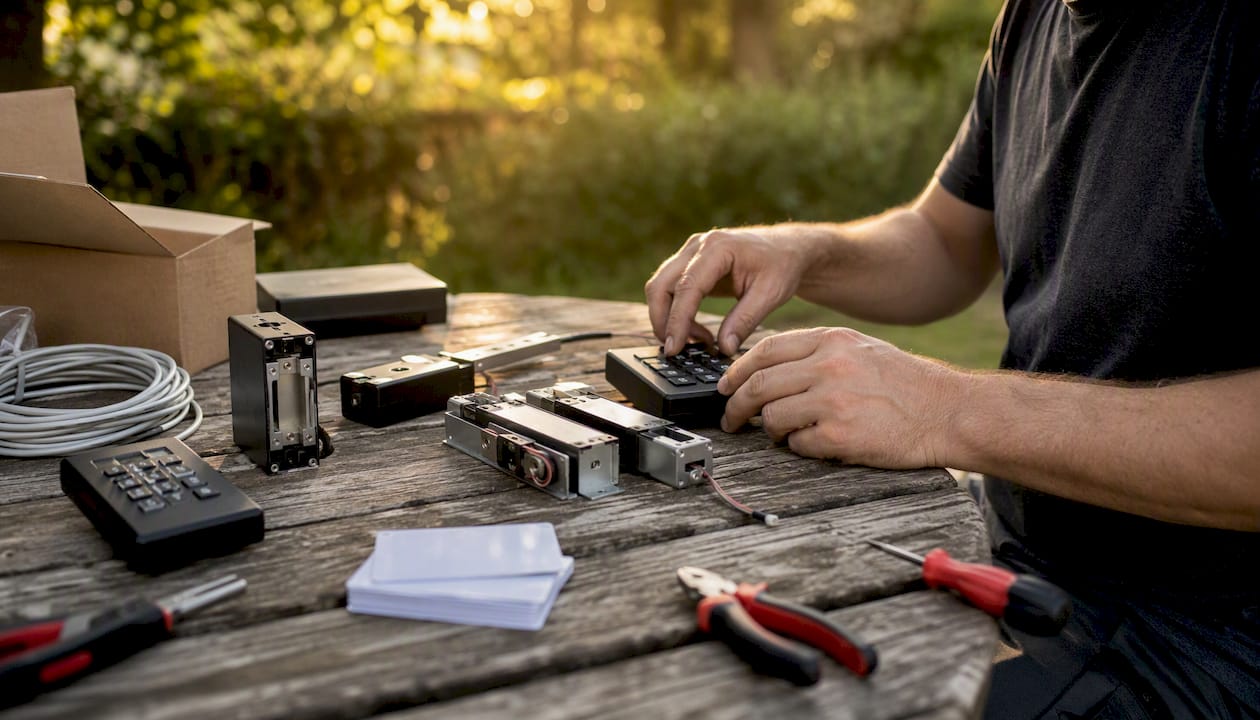 Technician selecting access control hardware parts