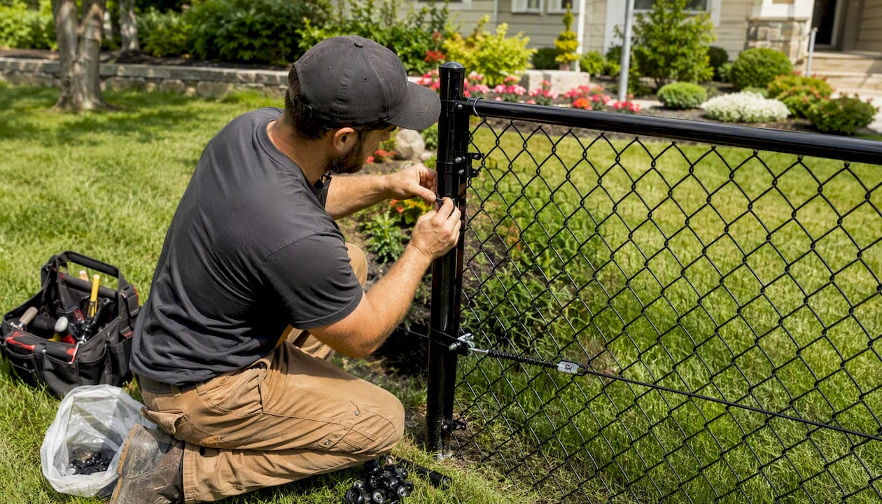 Hands tensioning black chain link fence outdoors