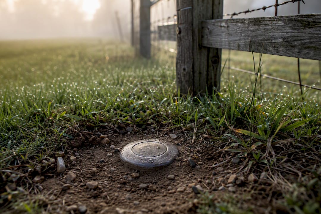 Property boundary marker beside fence line