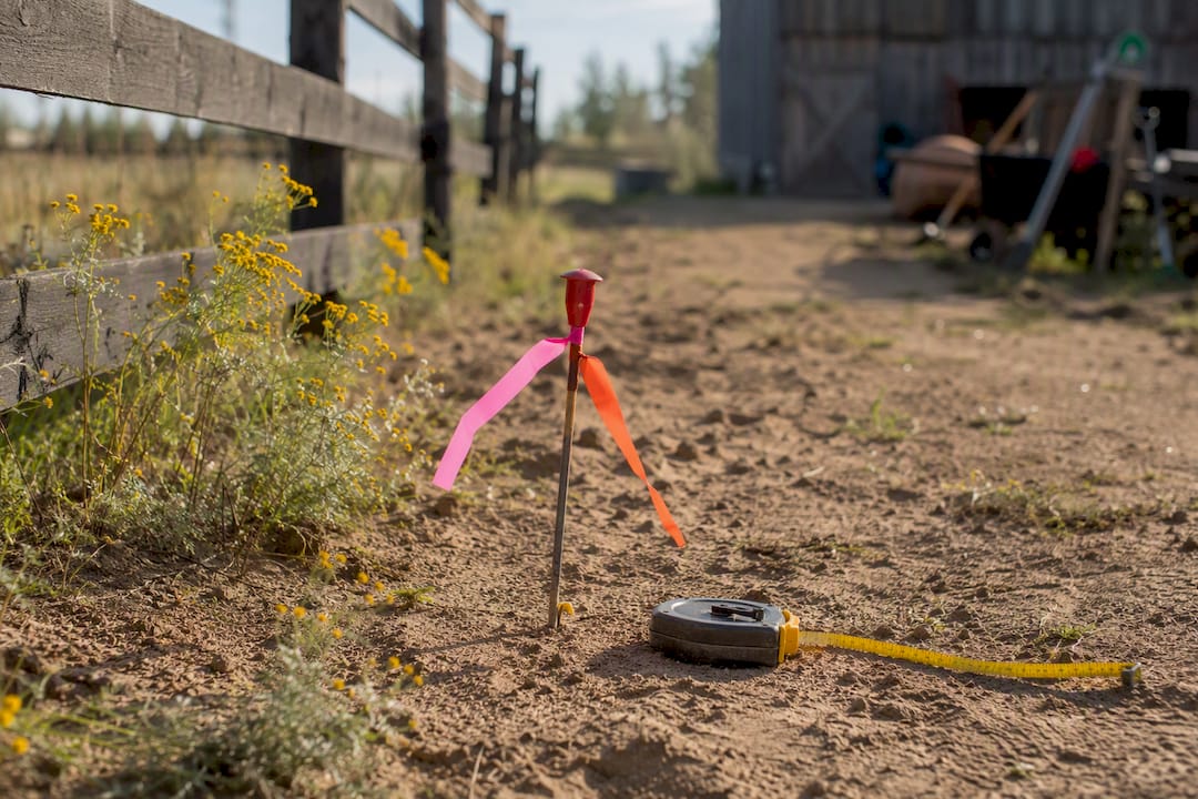 Survey pin and measuring tape on grass