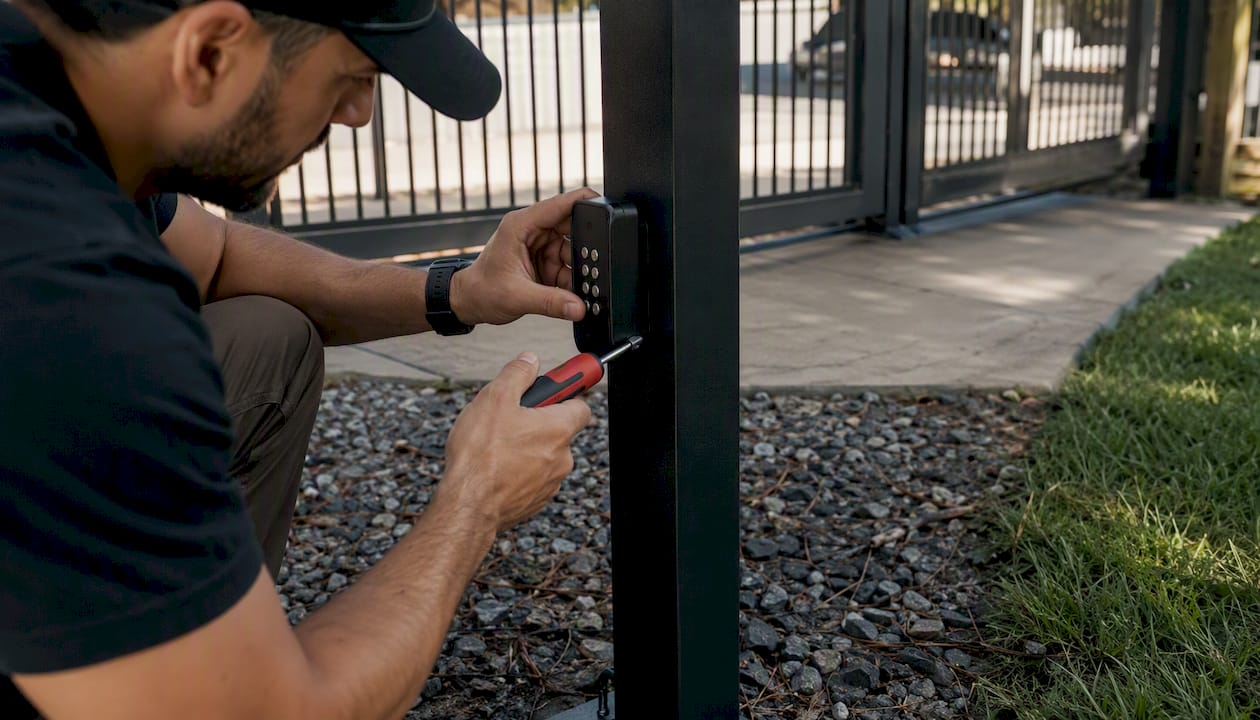 Technician mounting gate keypad on metal post