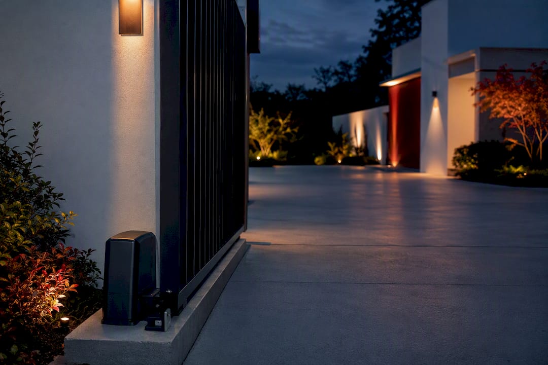 Automatic driveway gate installation at dusk