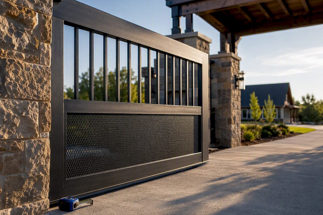 Partial custom gate framing a home entrance