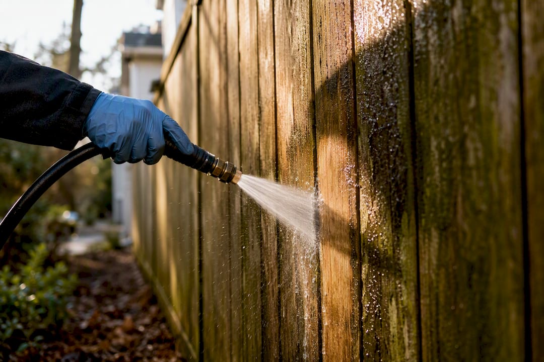 Low-pressure rinse on weathered wood fence