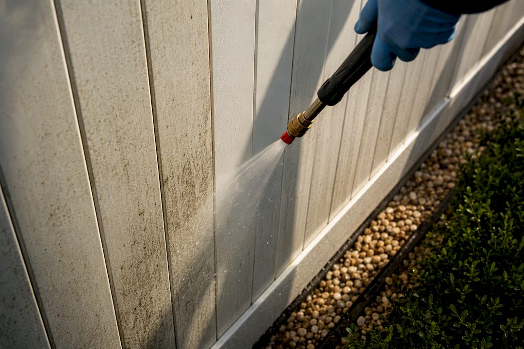 Technician soft washing vinyl fence slats