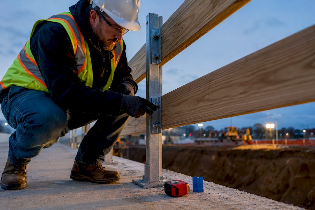 Worker inspecting temporary guardrail connection