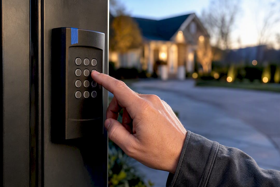 Installer testing keypad beside residential gate