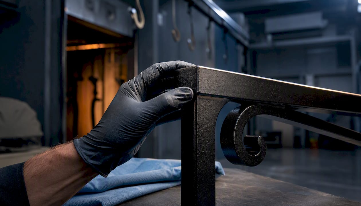Fresh powder-coated iron component in workshop
