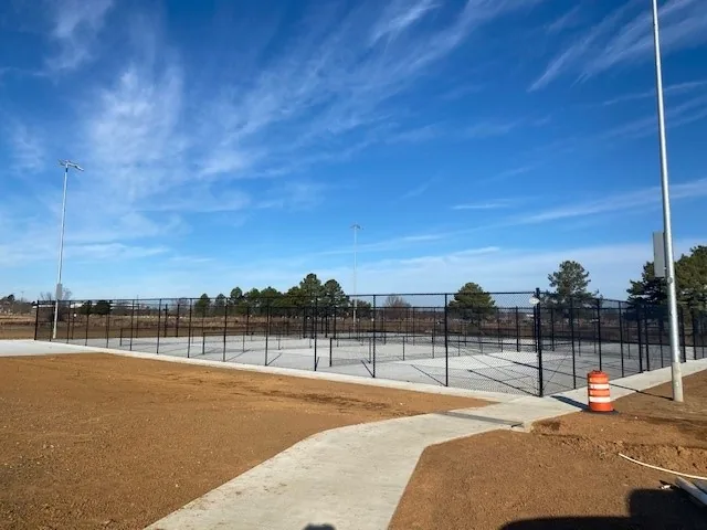 Black chain link fence enclosing an outdoor sports court