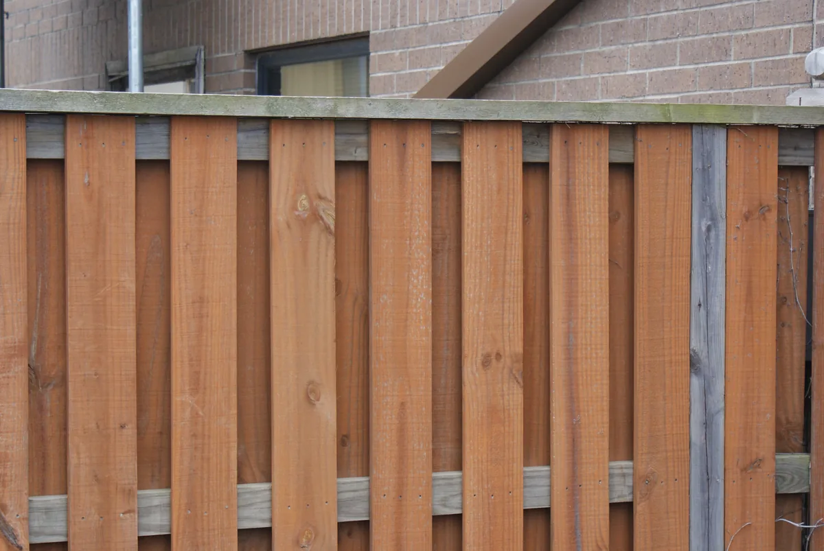 Close-up of a board-on-board fence panel with overlapping pickets