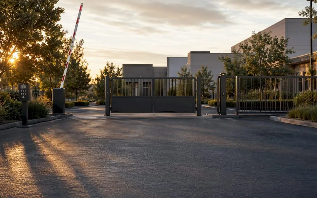 Chain link fence and vehicle gate installed beside a commercial building