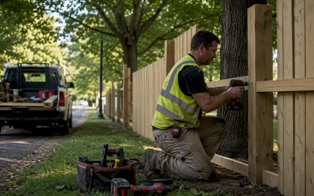 Modern Fence crew installing a fence on a residential property
