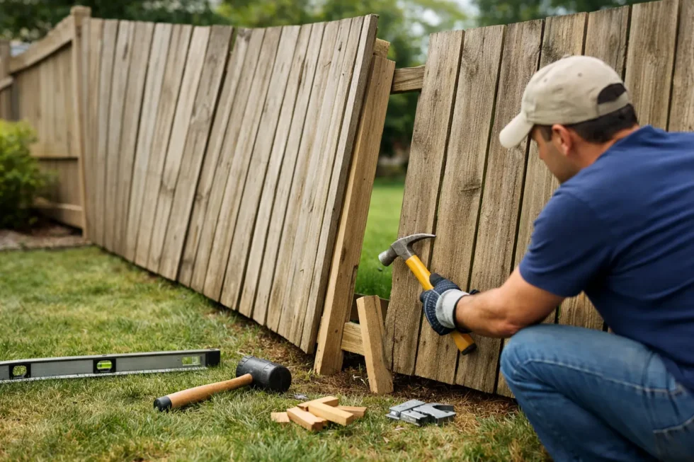 Weathered fence panel repaired before restoration work