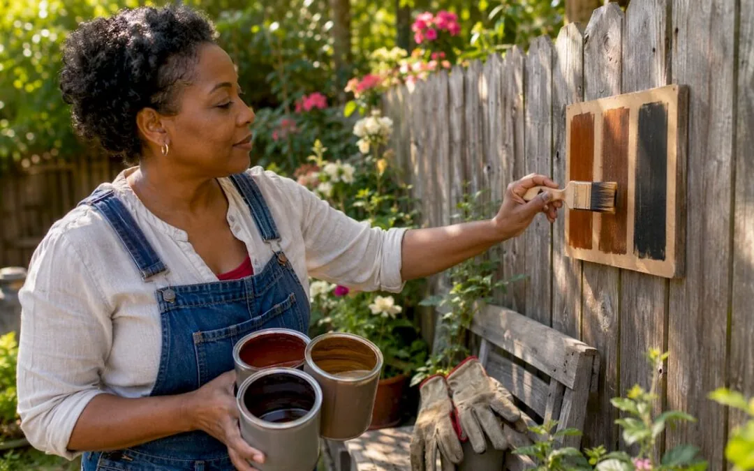stain-colors.webp Stain colour being selected against a wood fence