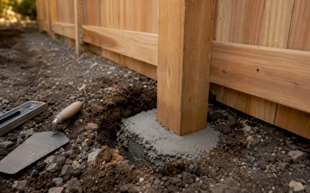Fence post set in a concrete footing