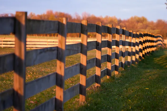 Three-rail wood estate fence along a rural boundary