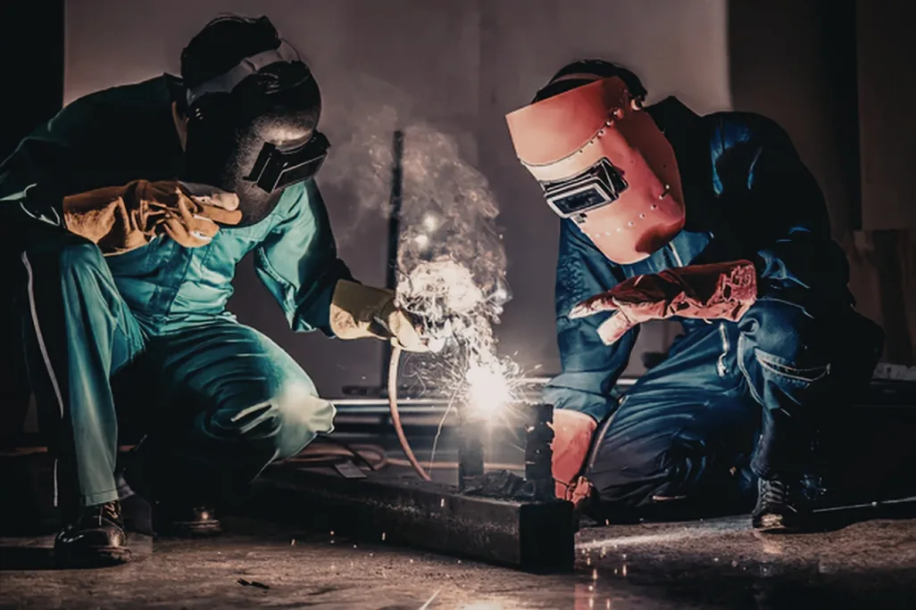 Welders fabricating a custom steel gate frame in the shop