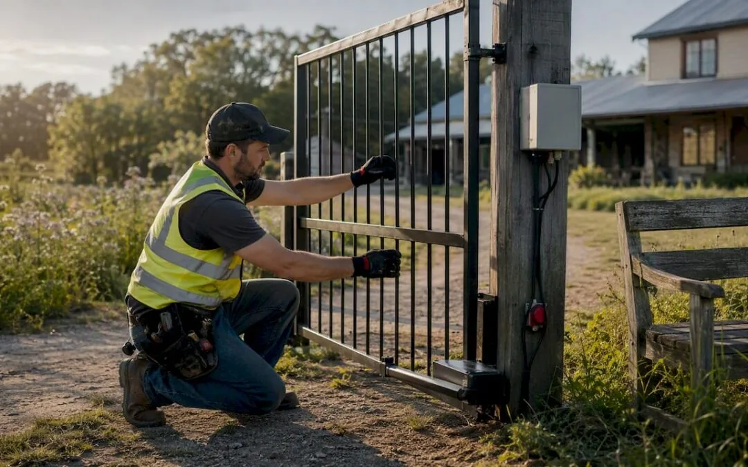 Technician servicing an automatic gate operator at a property entrance