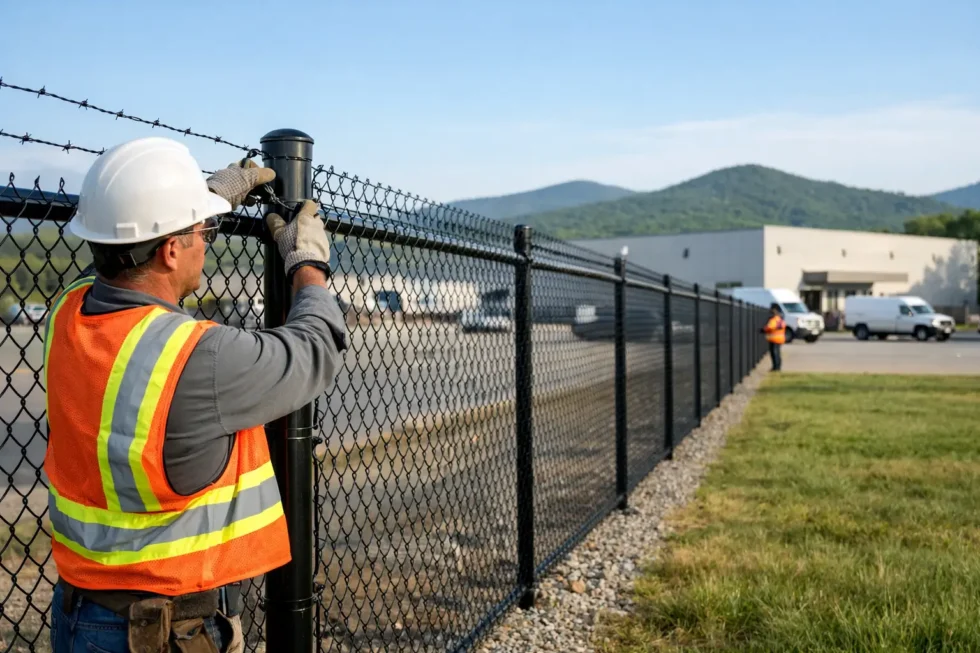 Workers installing fencing beside a commercial property